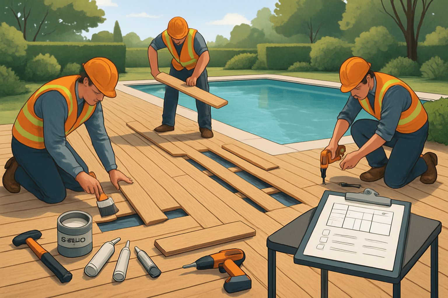 An outdoor inground pool with a wooden deck being repaired by workers using tools and materials, surrounded by green plants.