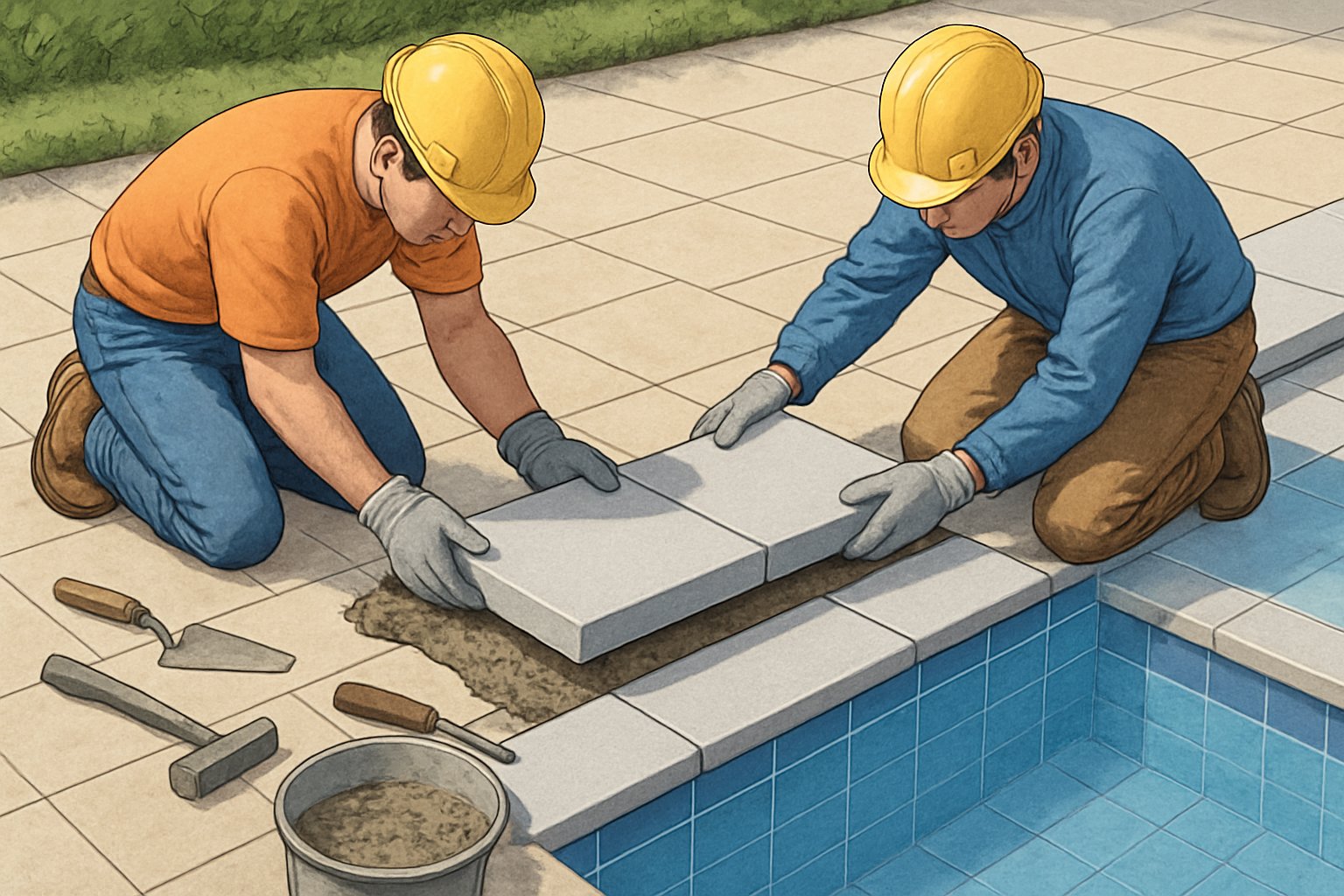 Workers replacing coping stones along the edge of a swimming pool with tools and materials nearby.