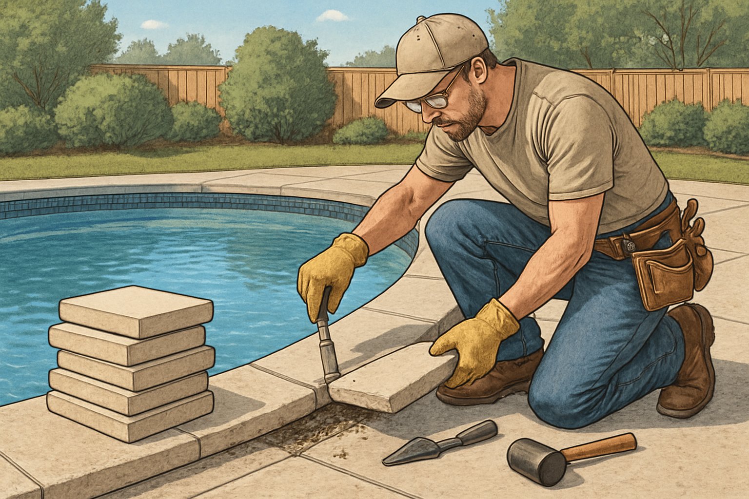 A worker replacing pool coping stones around a backyard swimming pool on a sunny day.