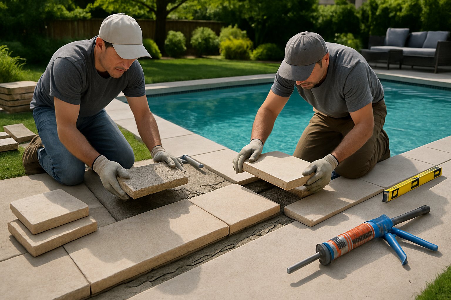 Workers replacing stone coping around the edge of a backyard swimming pool with new stones.