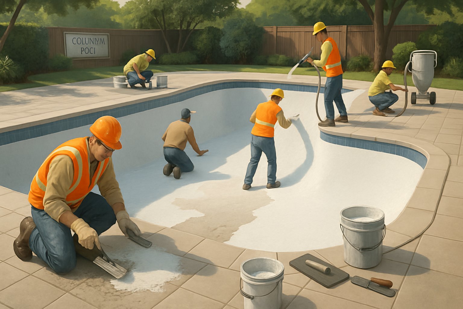 Columbia Pool Resurfacing/Replastering: Expert Services & Process 1 Workers applying fresh plaster to the interior surface of an empty outdoor swimming pool surrounded by greenery and poolside tiles. The pool is an inground pool.