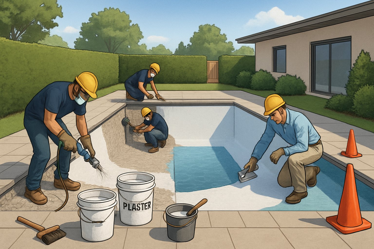 Columbia Pool Resurfacing/Replastering: Expert Services & Process 2 A backyard swimming pool being resurfaced and replastered by workers using tools and plaster materials. The pool is an inground pool.