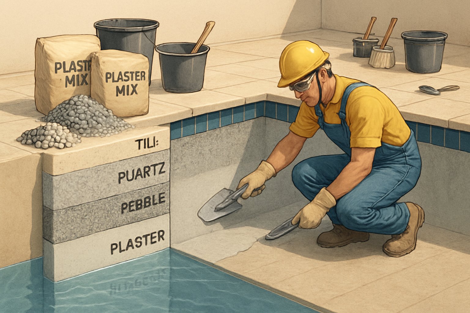 Columbia Pool Resurfacing/Replastering: Expert Services & Process 3 A cross-sectional view of a swimming pool showing different resurfacing materials and a worker applying plaster to the pool surface with tools and materials arranged nearby. The pool is an inground pool.