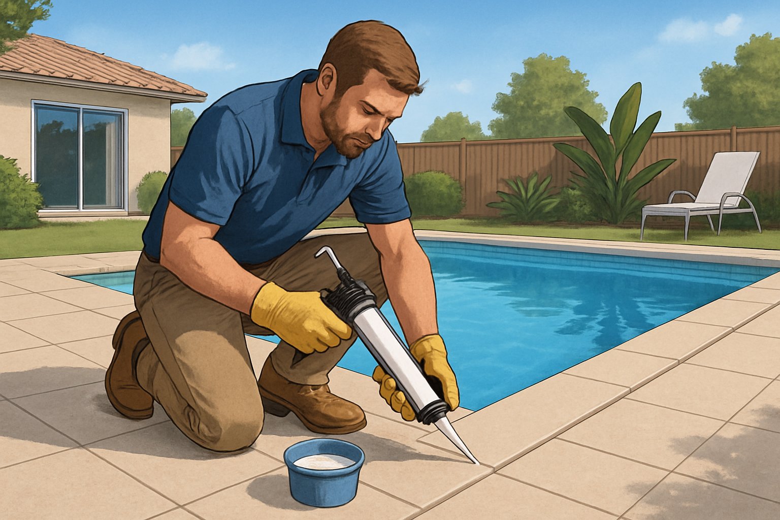 Columbia Pool Caulking/Re-Caulking: Essential Maintenance Guide 4 A worker applying caulking around the edge of a residential outdoor inground swimming pool during daytime.