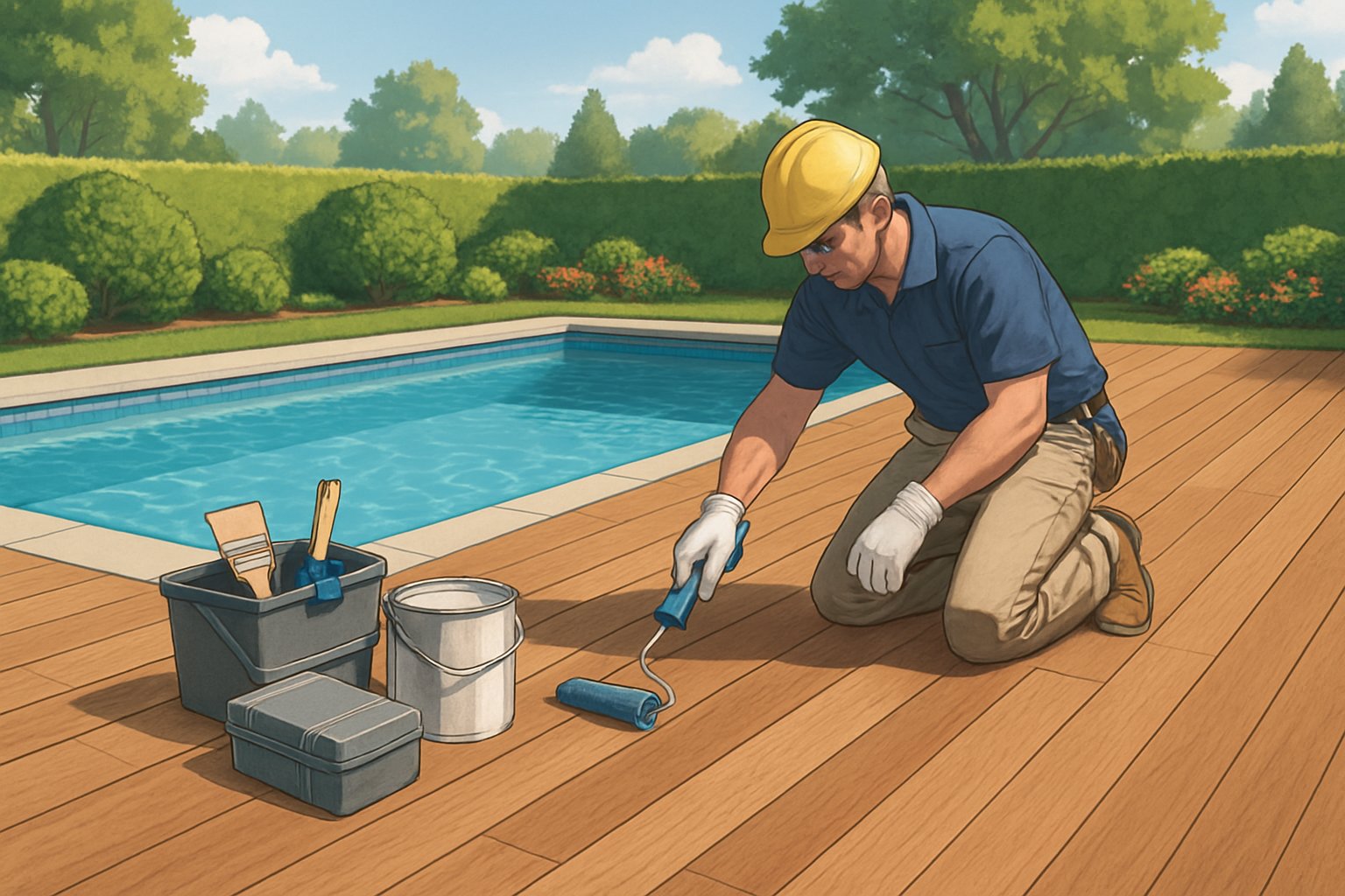 A backyard inground pool with a clean wooden deck being repaired by a worker using tools, surrounded by green plants and flowers.