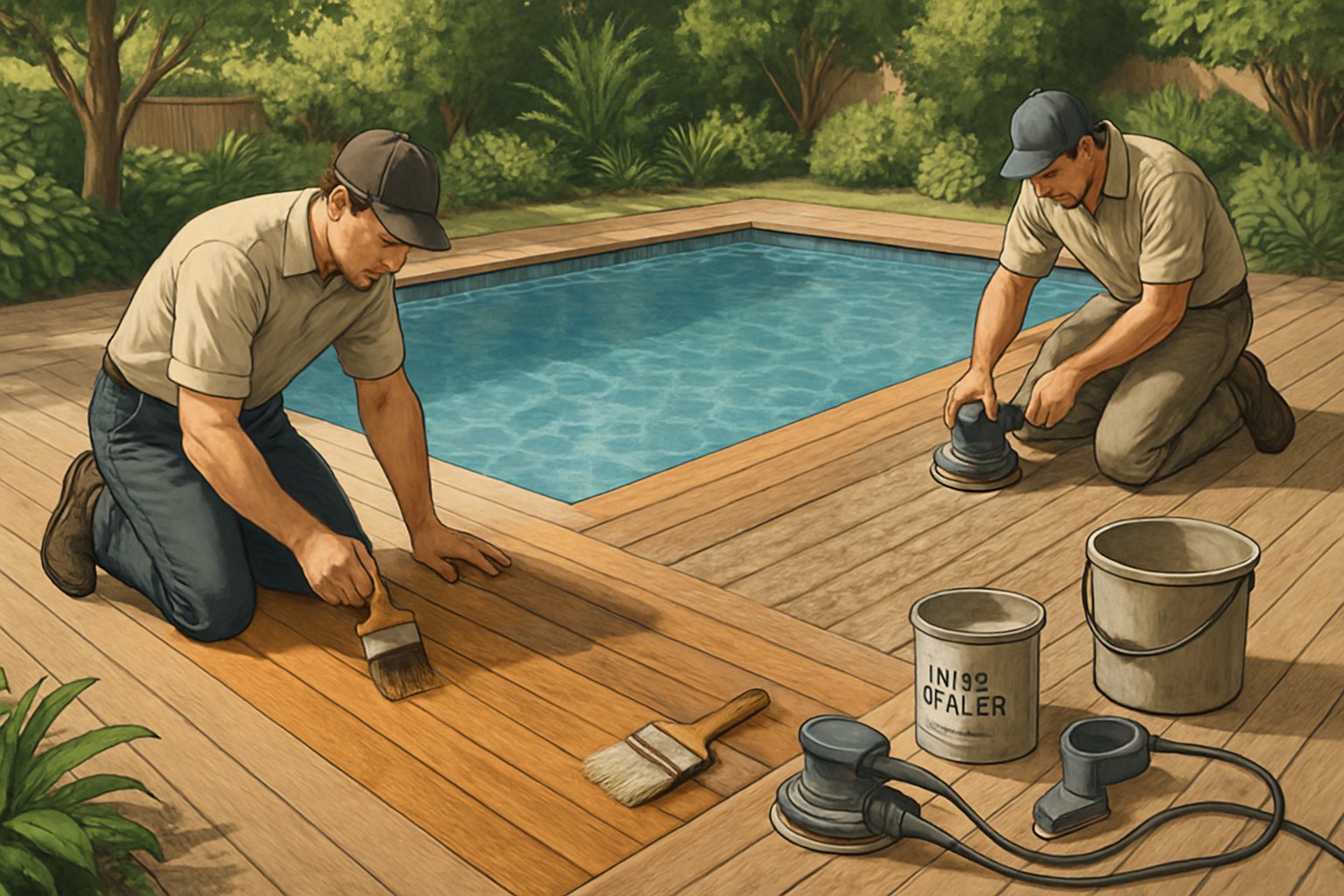 A backyard pool deck being repaired by workers with tools near an inground swimming pool surrounded by plants.