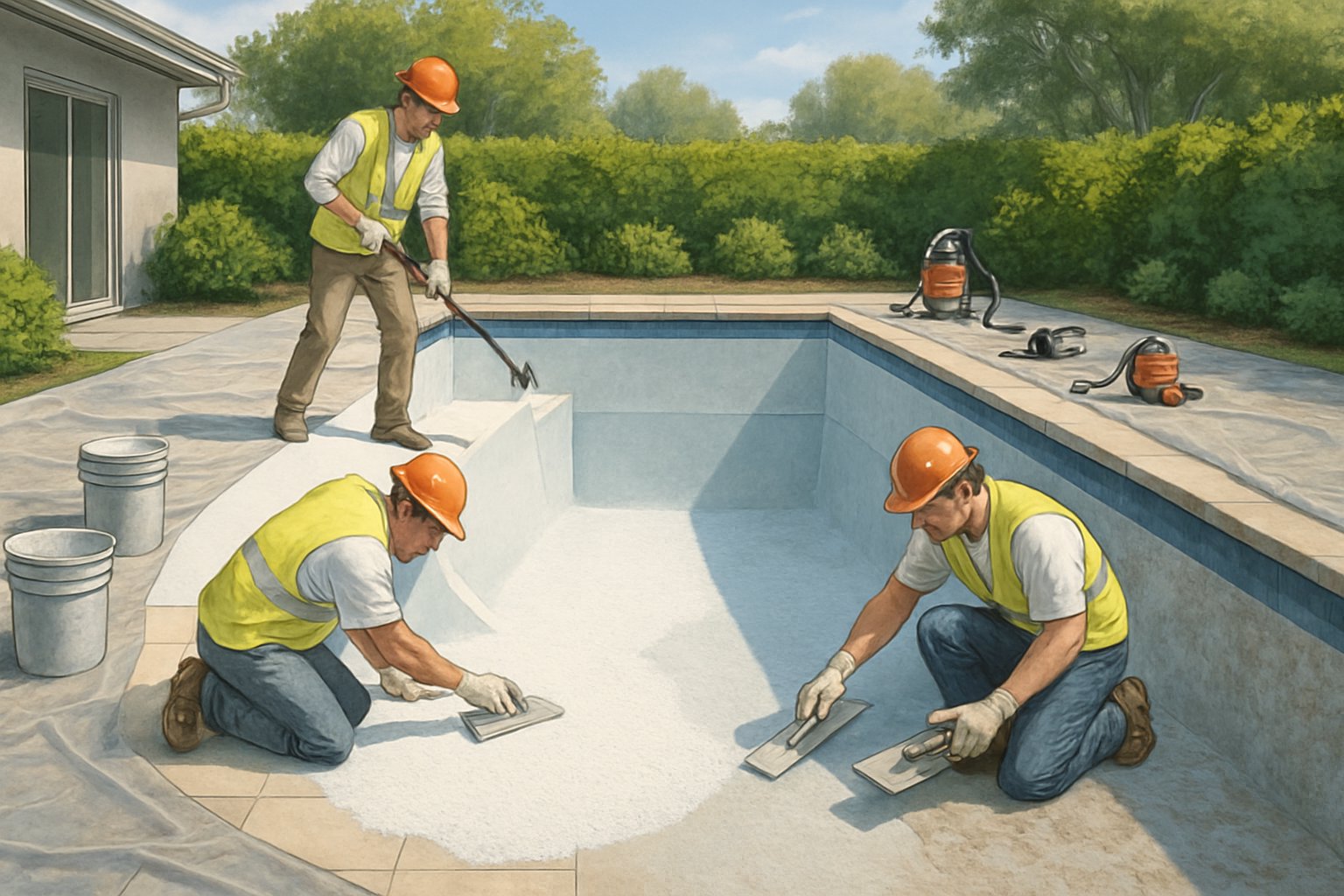 Waldorf Pool Resurfacing/Replastering: Services & Region Guide 2 Workers resurfacing and replastering a residential inground swimming pool in a backyard.