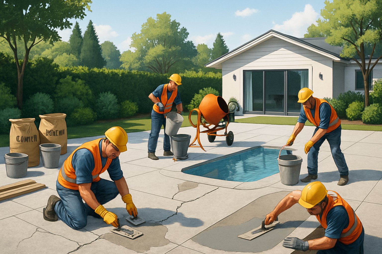 Silver Spring MD Pool Deck Repair: Comprehensive Service Guide 1 A backyard swimming pool with workers repairing the surrounding concrete deck, surrounded by trees and construction materials.