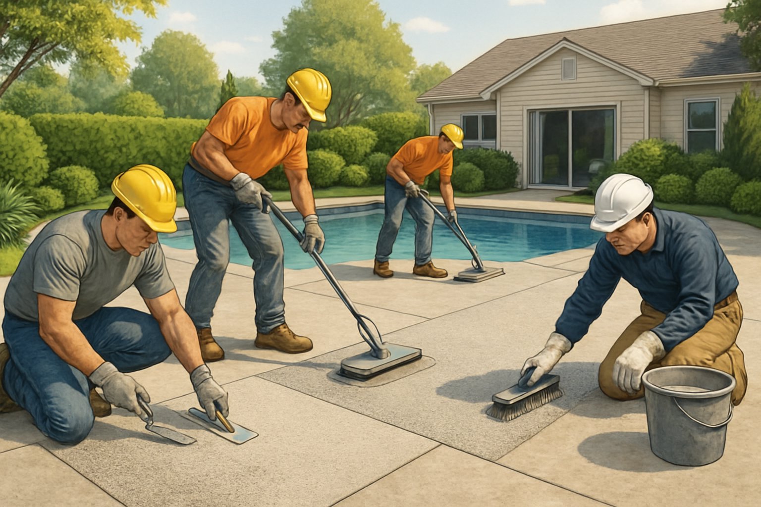 Silver Spring MD Pool Deck Repair: Comprehensive Service Guide 2 Workers repairing a concrete pool deck next to a swimming pool in a residential backyard with greenery and a house in the background.