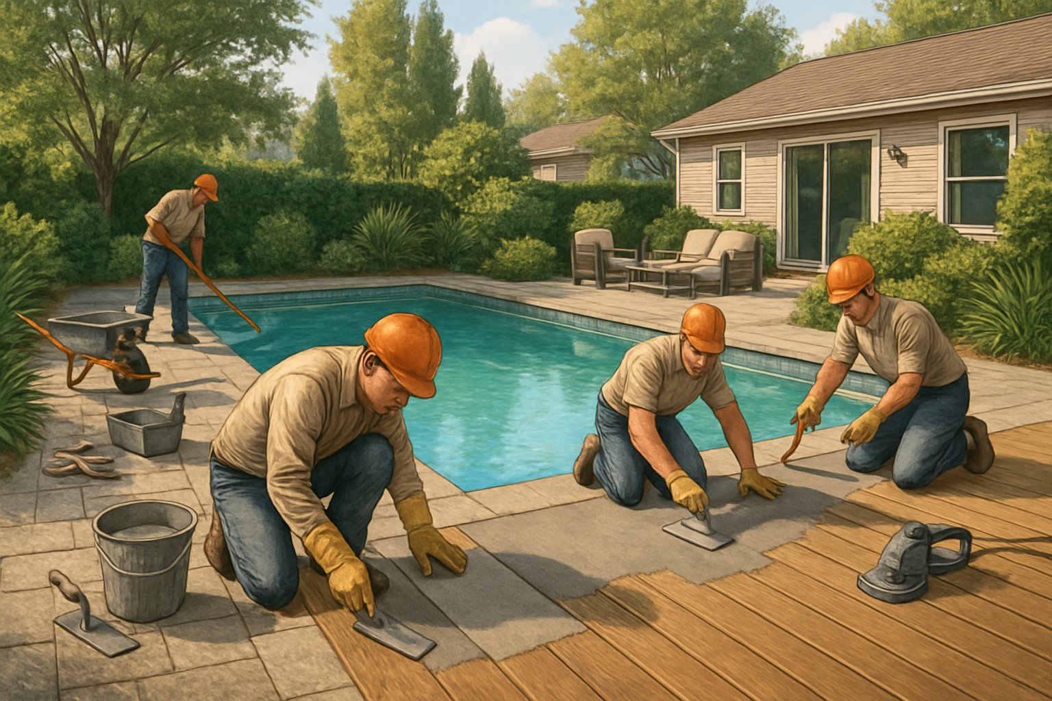 Silver Spring MD Pool Deck Repair: Comprehensive Service Guide 4 A backyard pool area in Silver Spring, Maryland, with workers repairing the pool deck surrounded by plants and outdoor furniture.