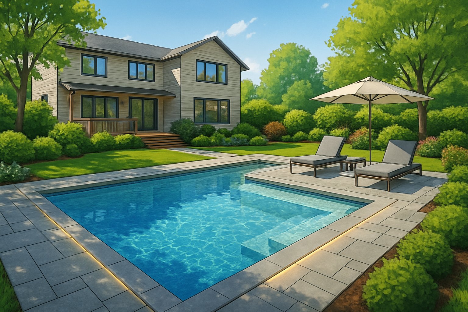 Silver Spring MD Pool Renovation: Expert Services & Maintenance 1 A backyard with a newly renovated inground swimming pool surrounded by stone decking, outdoor furniture, and lush green landscaping next to a two-story house.