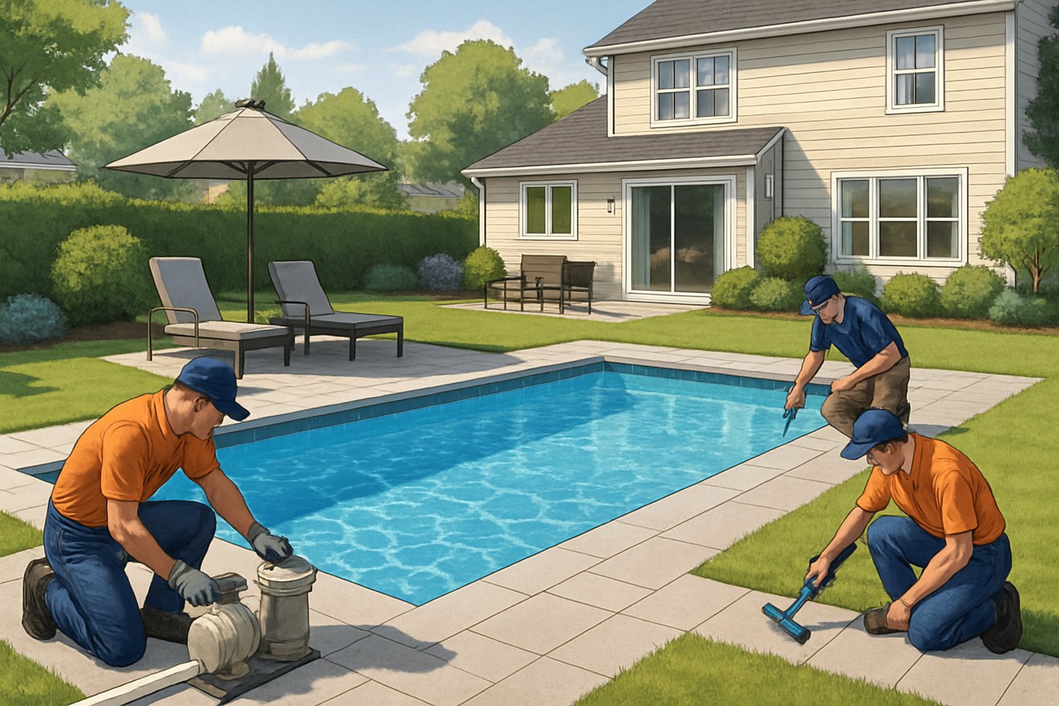 Silver Spring MD Pool Renovation: Expert Services & Maintenance 2 A backyard inground pool being renovated with workers installing equipment near a modern pool surrounded by greenery and a suburban house in the background.