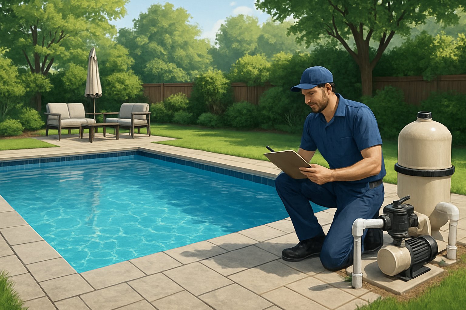 Silver Spring MD Pool Renovation: Expert Services & Maintenance 3 A renovated residential inground swimming pool with a maintenance technician inspecting equipment in a well-kept backyard.