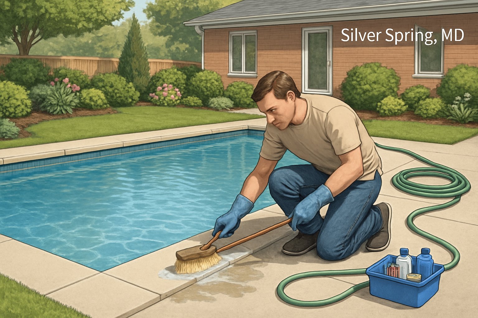 A backyard swimming pool with new coping stones being gently cleaned by a homeowner, surrounded by green landscaping.