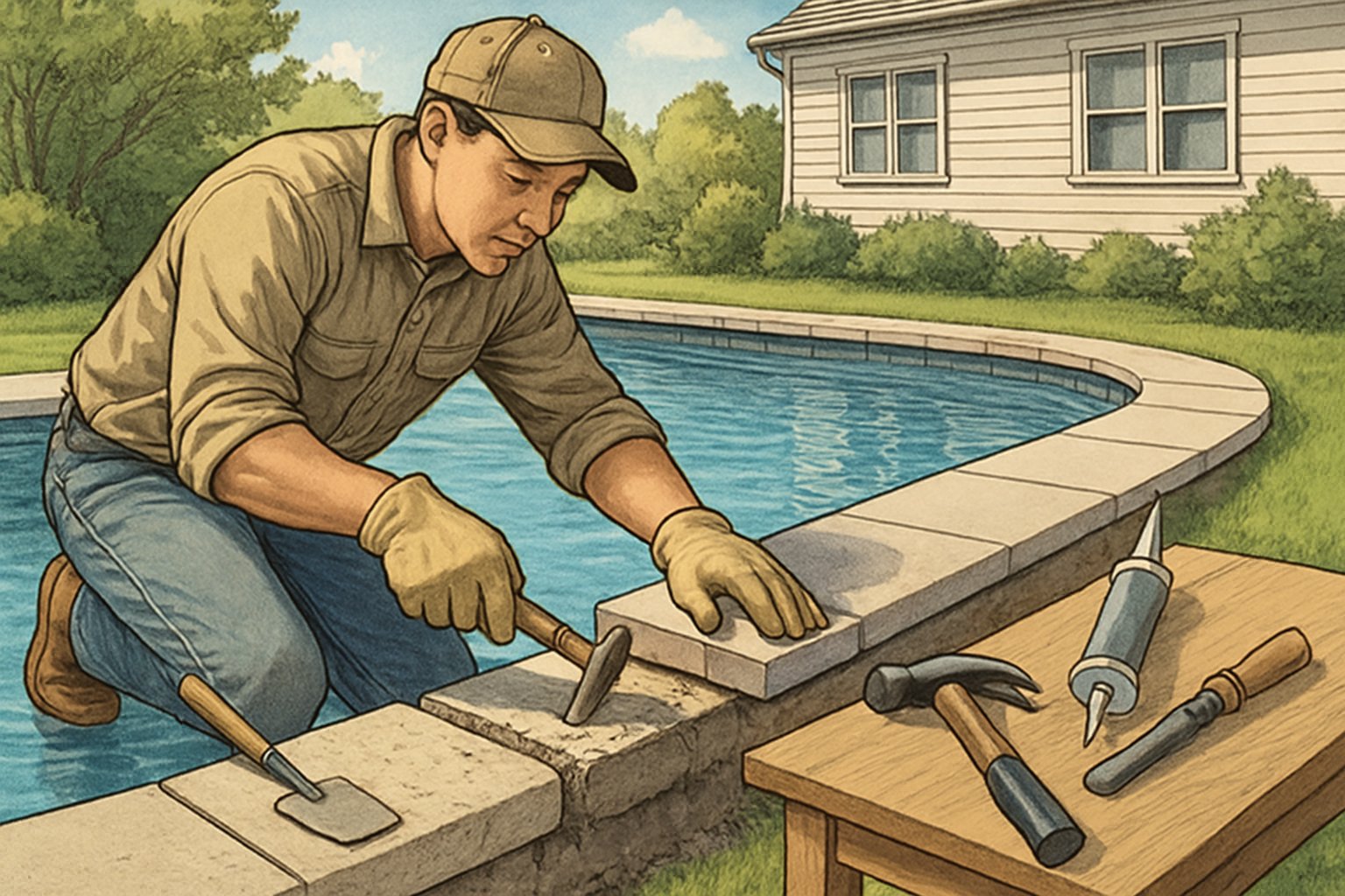 A worker replacing pool coping stones around a residential swimming pool with tools and new stones visible in a backyard setting.