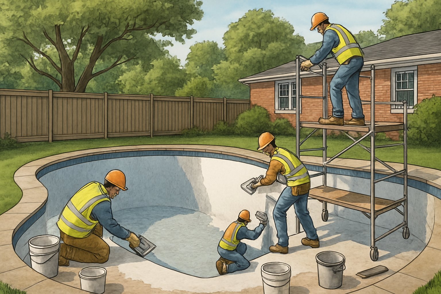 Silver Spring MD Pool Resurfacing/Replastering: Expert Guide & Services 1 A backyard inground pool in Silver Spring, Maryland being resurfaced and replastered by workers using tools and equipment.