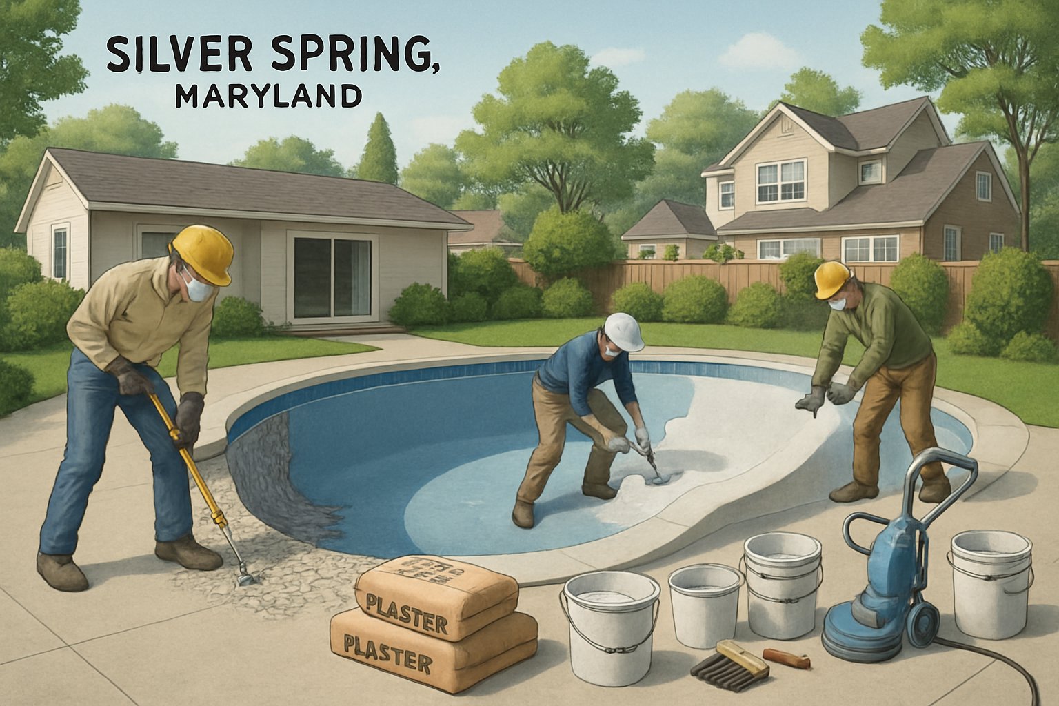 Silver Spring MD Pool Resurfacing/Replastering: Expert Guide & Services 2 A residential inground swimming pool in a backyard with workers resurfacing and replastering the pool surface.