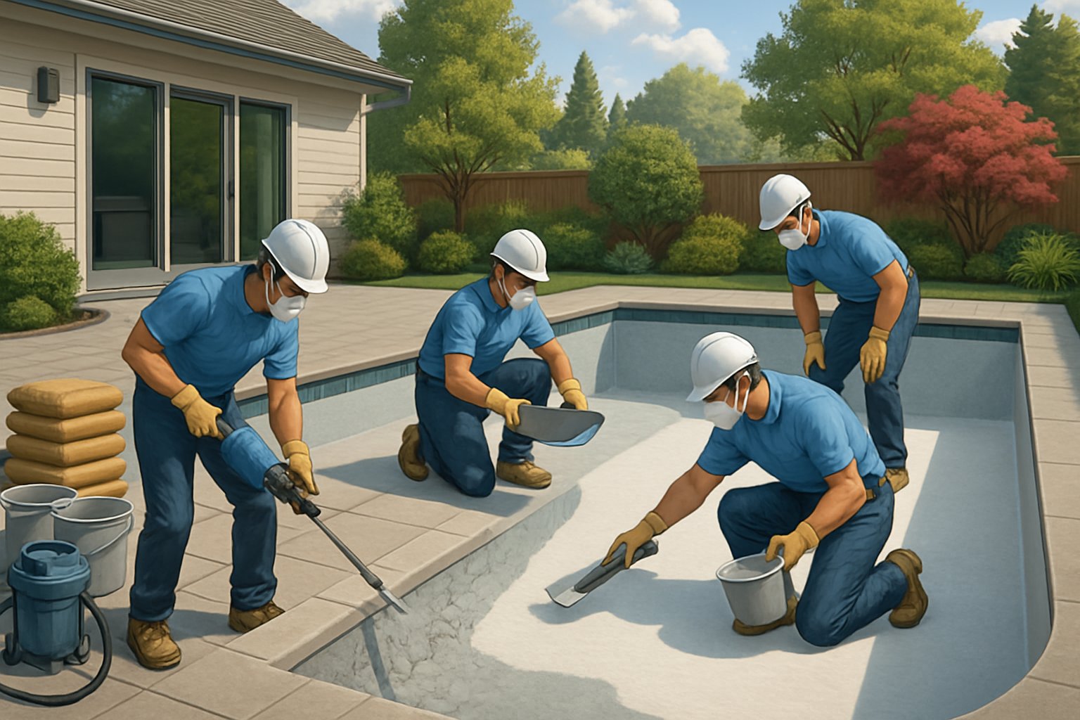 Silver Spring MD Pool Resurfacing/Replastering: Expert Guide & Services 3 Workers resurfacing and replastering a residential inground swimming pool in a backyard with tools and materials nearby.