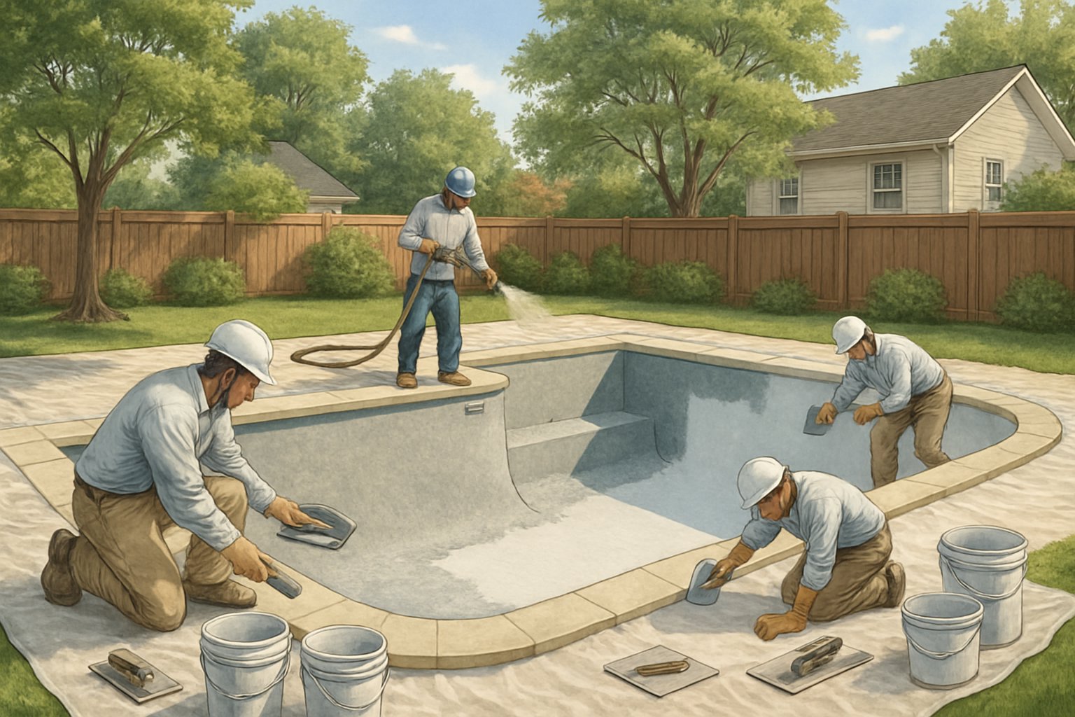 Silver Spring MD Pool Resurfacing/Replastering: Expert Guide & Services 4 A backyard inground swimming pool in Silver Spring being resurfaced by workers applying new plaster, surrounded by tools and a suburban setting.