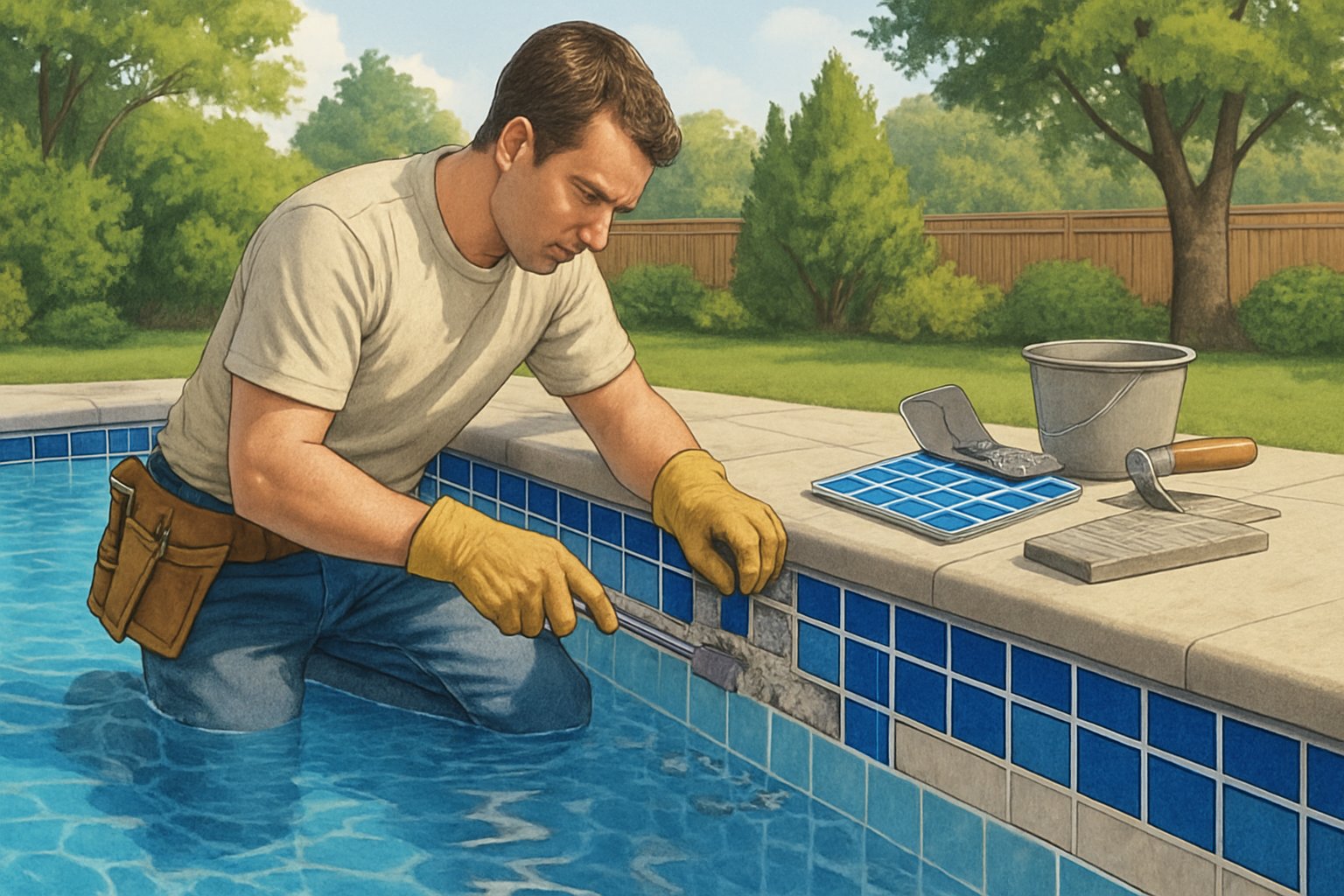 Silver Spring MD Pool Waterline Tile Replacement 2 A worker replacing damaged tiles along the waterline of a residential outdoor swimming pool with tools and new tiles nearby.