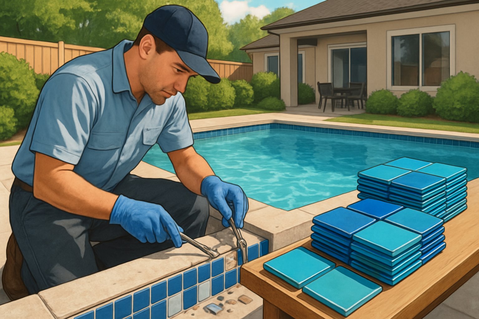 Silver Spring MD Pool Waterline Tile Replacement 3 A technician replacing waterline tiles on a residential swimming pool in a backyard with a house and landscaping in the background.