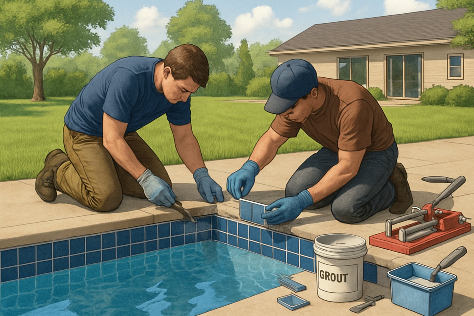 Silver Spring MD Pool Waterline Tile Replacement 4 A residential swimming pool in a backyard with workers replacing waterline tiles along the pool edge.