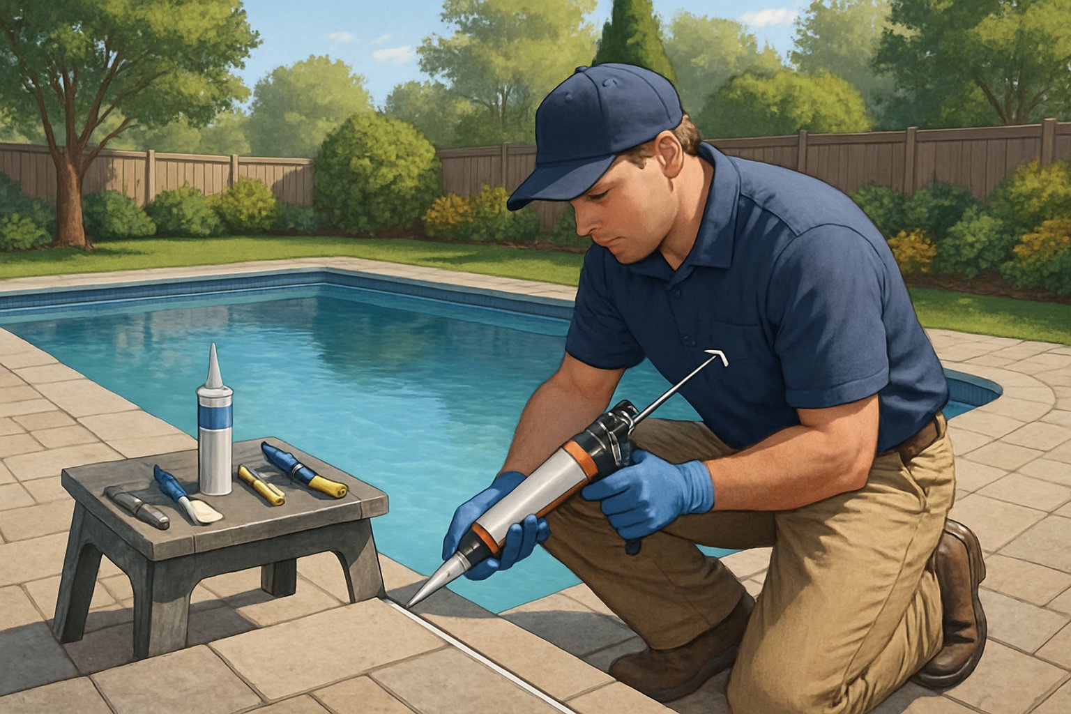 A worker applying caulk around the edge of a residential inground swimming pool in a backyard with greenery and patio.