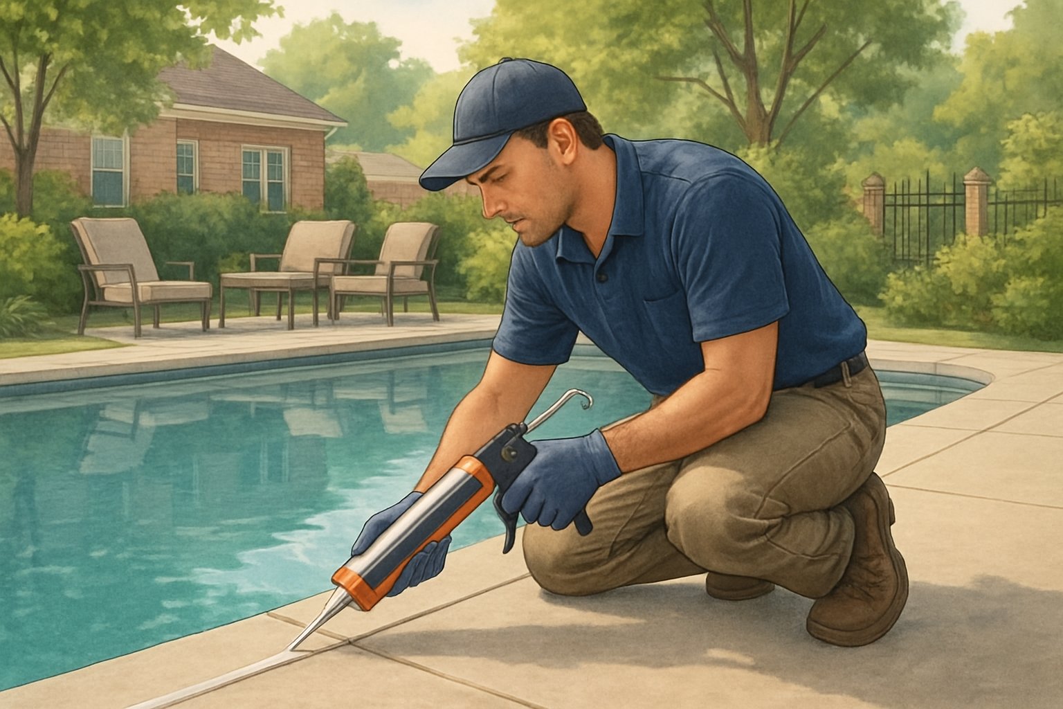A technician applying caulking around the edge of an inground swimming pool in a backyard with greenery and patio furniture.