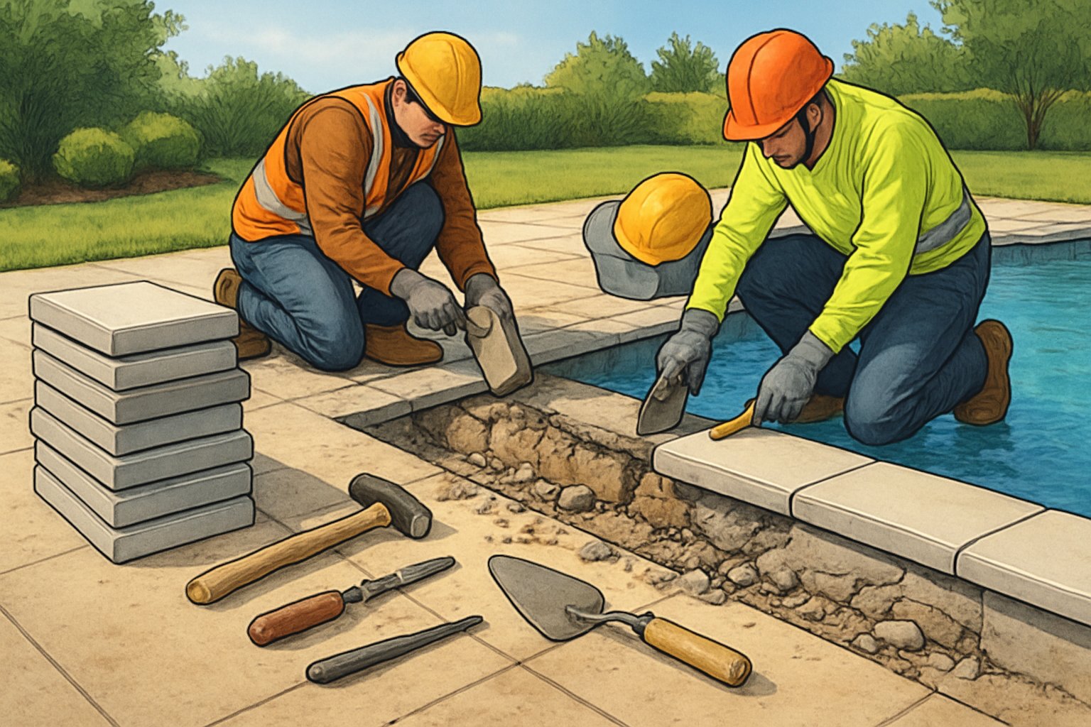 A construction scene showing workers replacing coping stones around the edge of an outdoor swimming pool in a backyard.