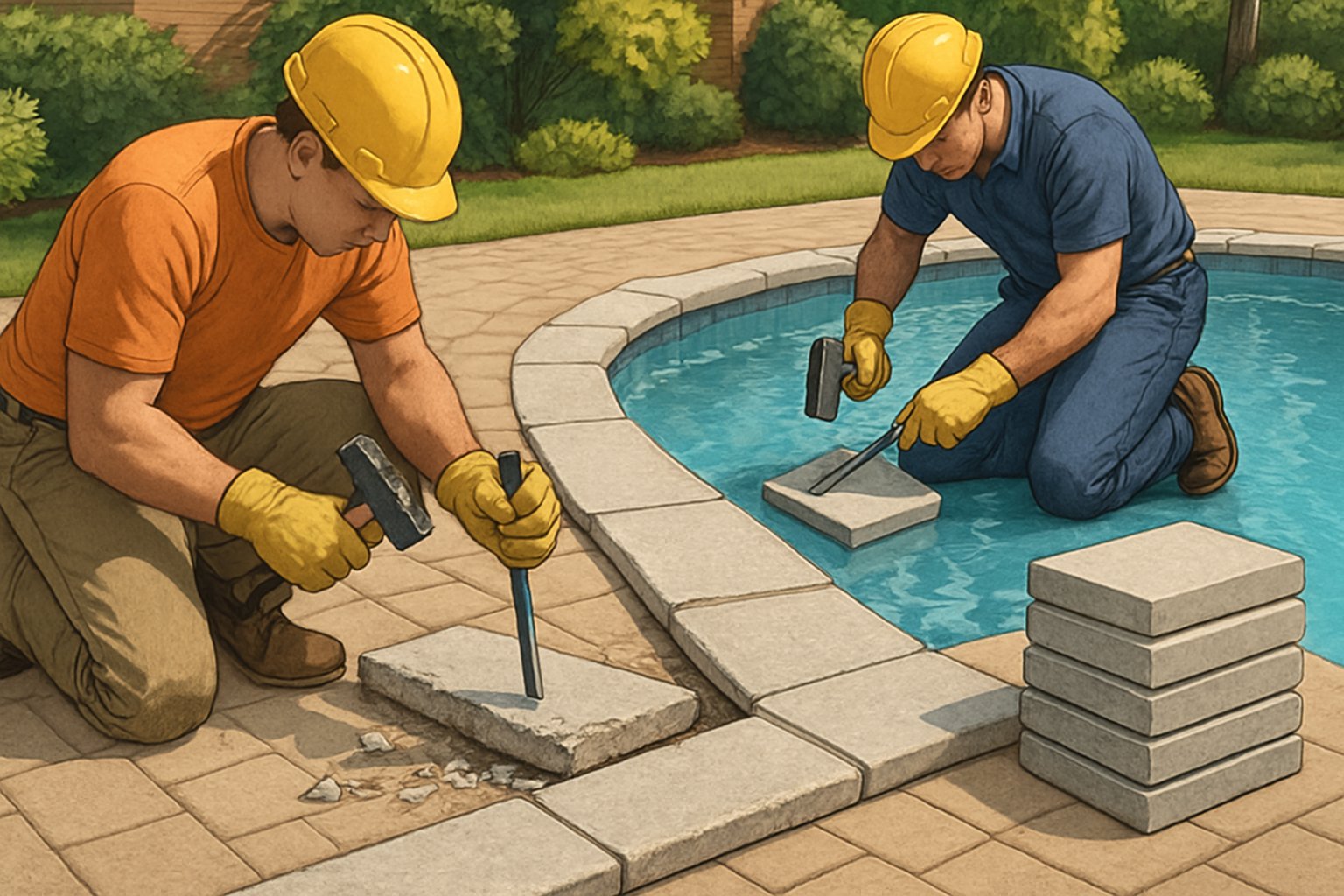 A close-up view of workers replacing coping stones along the edge of a residential swimming pool.