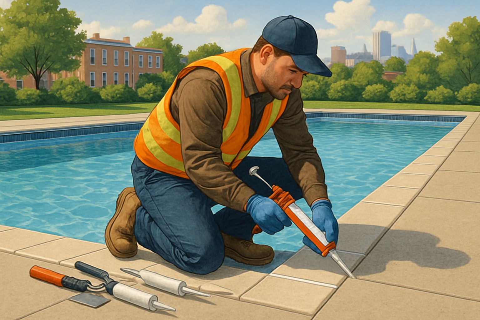 A worker applying fresh caulking around the edge of a clean outdoor inground swimming pool with Baltimore city buildings in the background.
