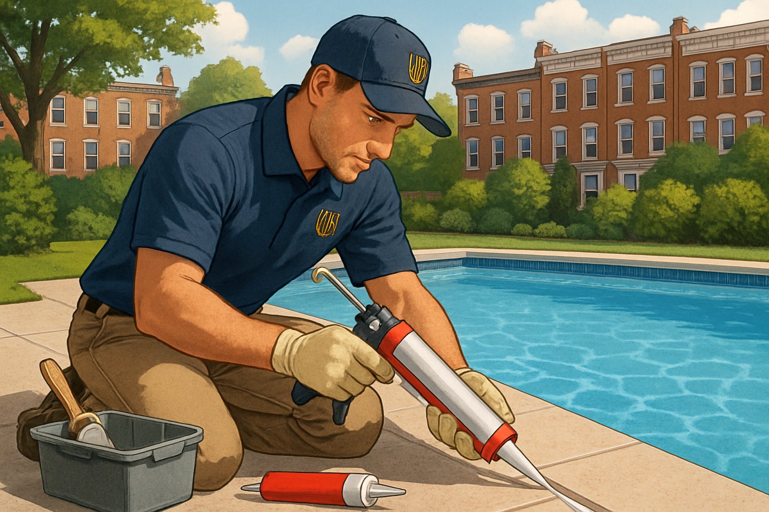 A technician applying caulking around the edge of a residential inground swimming pool with Baltimore row houses in the background.