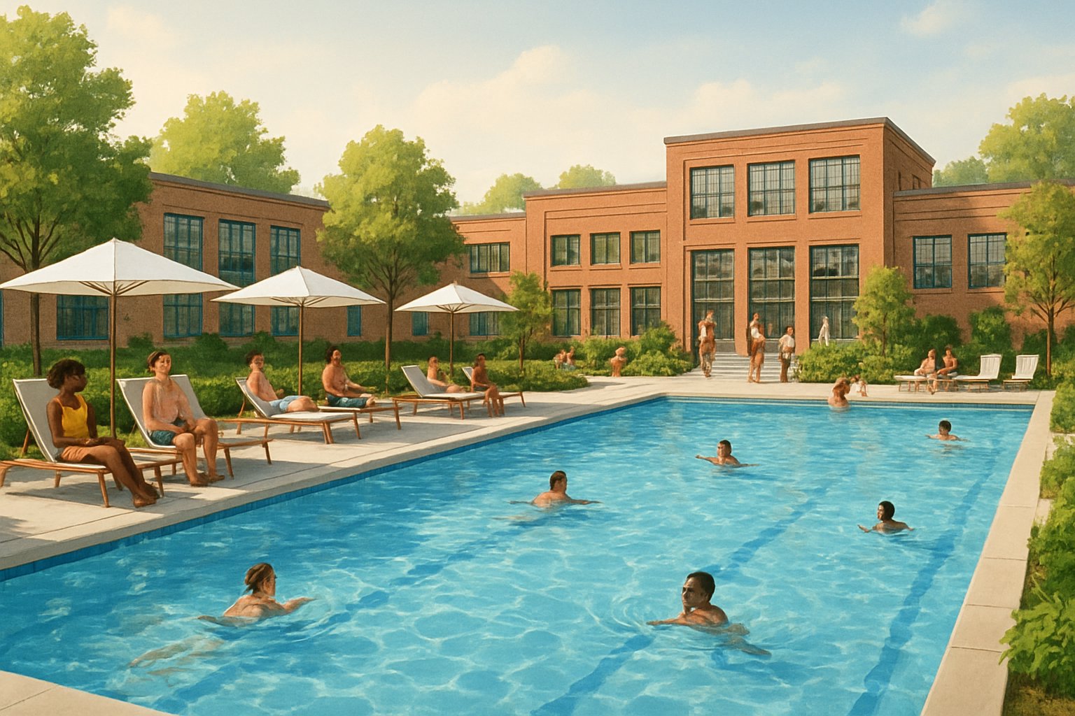 A renovated public swimming pool in Baltimore with people swimming and relaxing around it, surrounded by modern buildings and greenery.