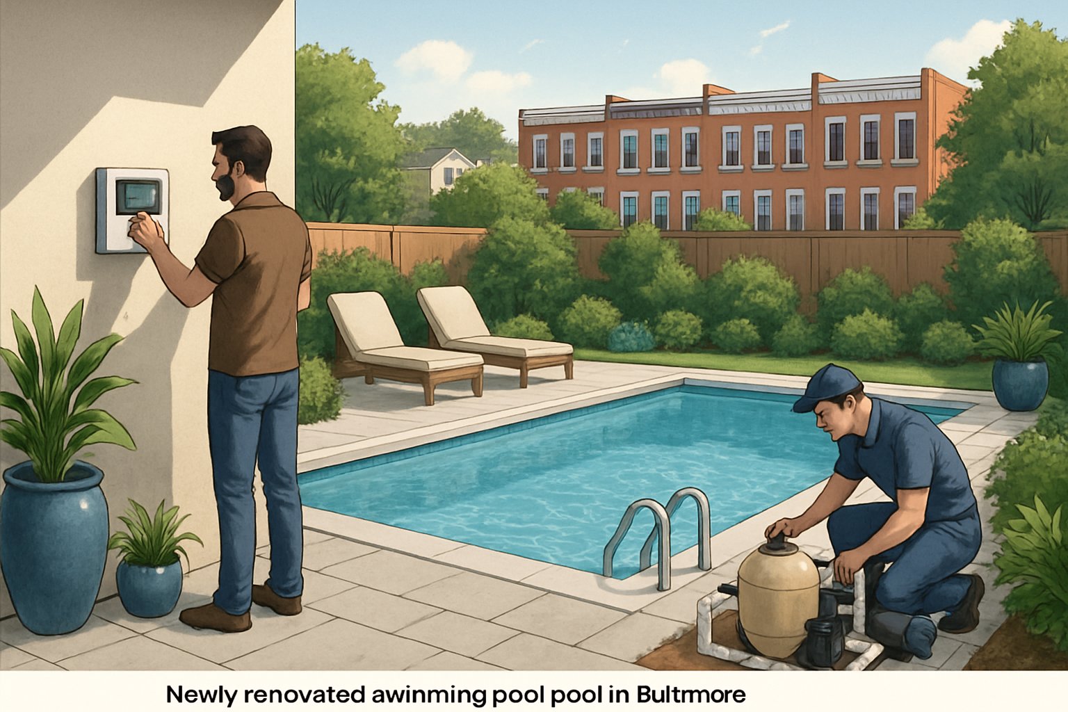 A backyard with a renovated swimming pool, a homeowner adjusting pool controls, and a maintenance worker checking equipment near Baltimore row houses.