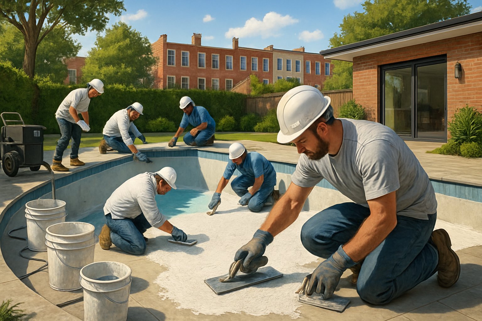 Workers applying fresh plaster to the interior of a swimming pool in a Baltimore backyard during pool resurfacing.