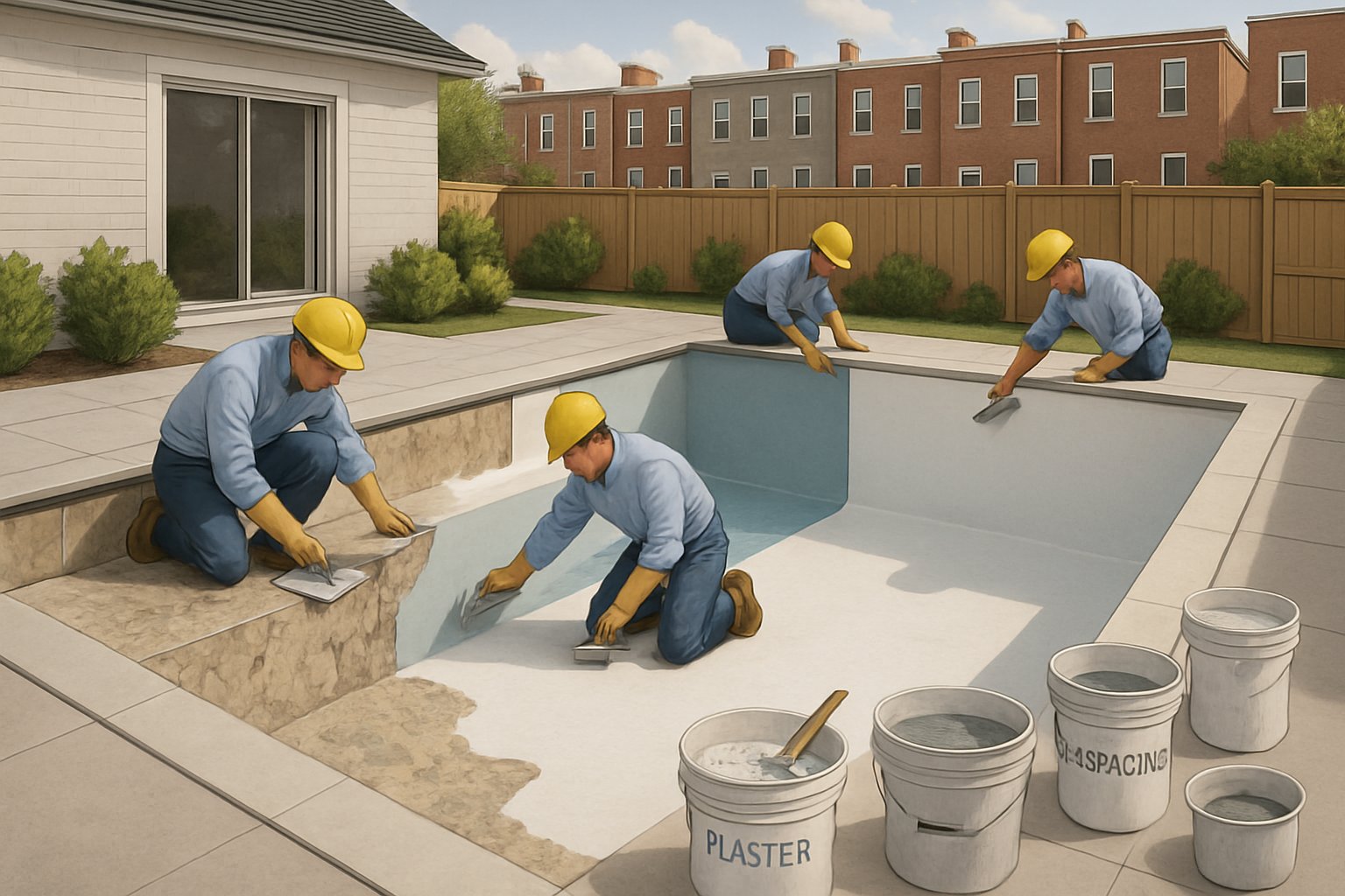 A backyard swimming pool being resurfaced and replastered by workers, with one side stripped and the other freshly plastered, set against Baltimore row houses.