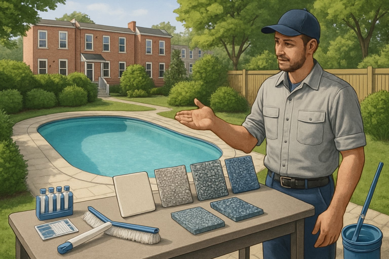 A technician shows different pool resurfacing materials next to a freshly refinished swimming pool in a residential Baltimore backyard.