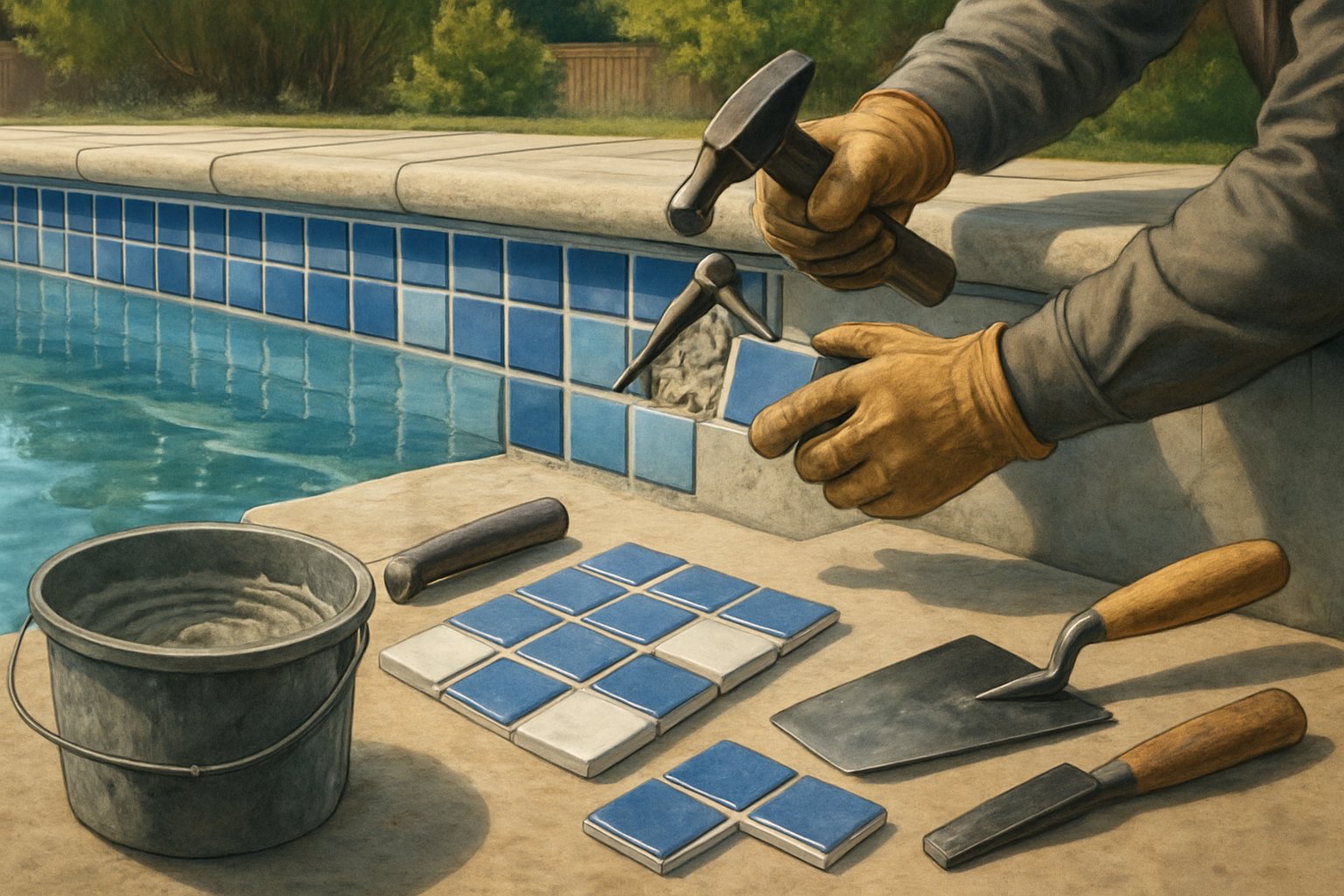 A worker replacing damaged waterline tiles on the wall of a residential swimming pool, with tools and new tiles nearby.