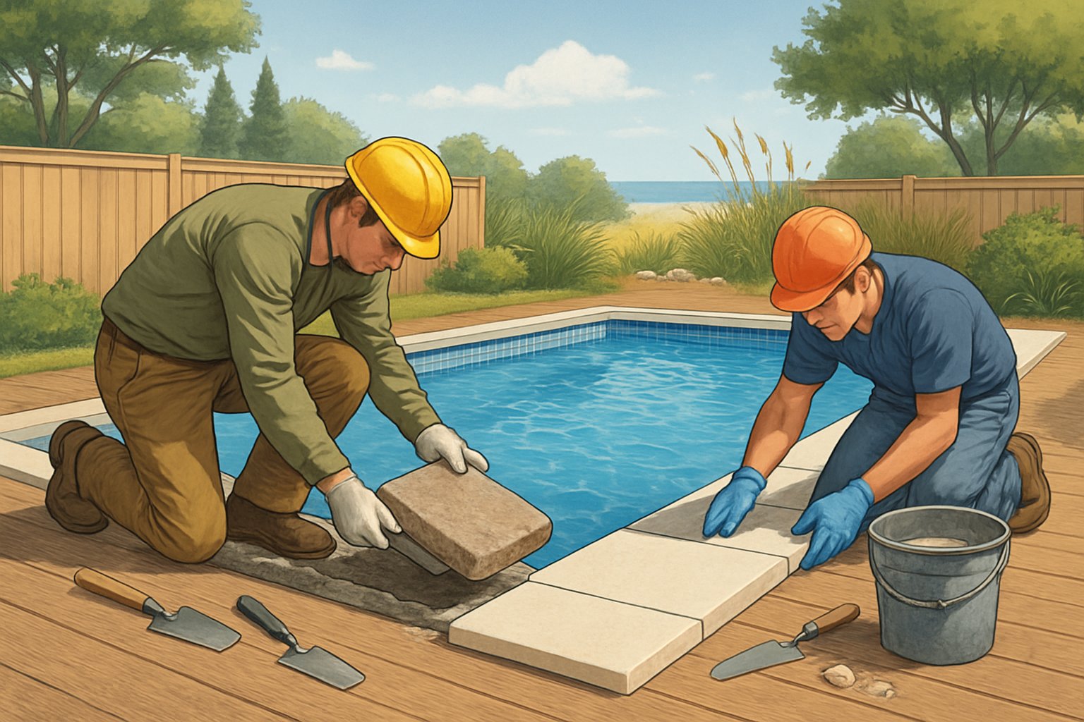 Virginia Beach Pool Coping Stone Replacement: Expert Guide & Options 1 A backyard swimming pool with workers replacing the stones around the pool edge on a sunny day.