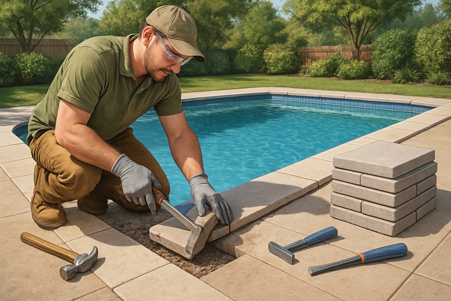 Virginia Beach Pool Coping Stone Replacement: Expert Guide & Options 3 A worker replacing pool coping stones around a residential swimming pool in a backyard setting.