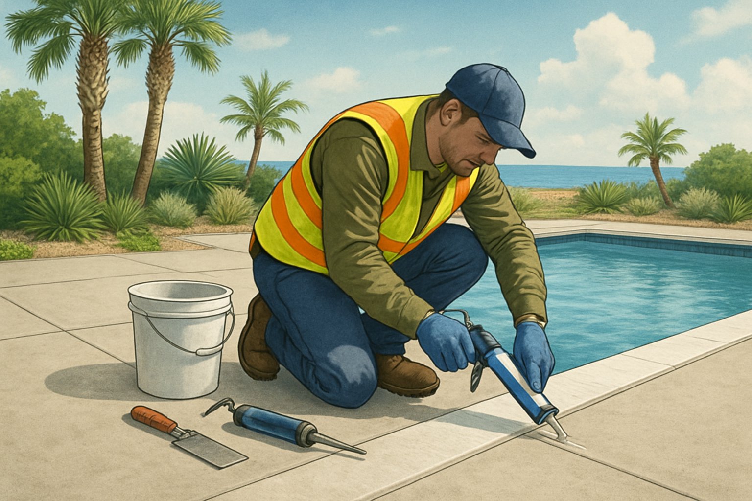 A worker applying fresh caulk along the edge of an outdoor inground swimming pool with coastal plants and the ocean horizon in the background.
