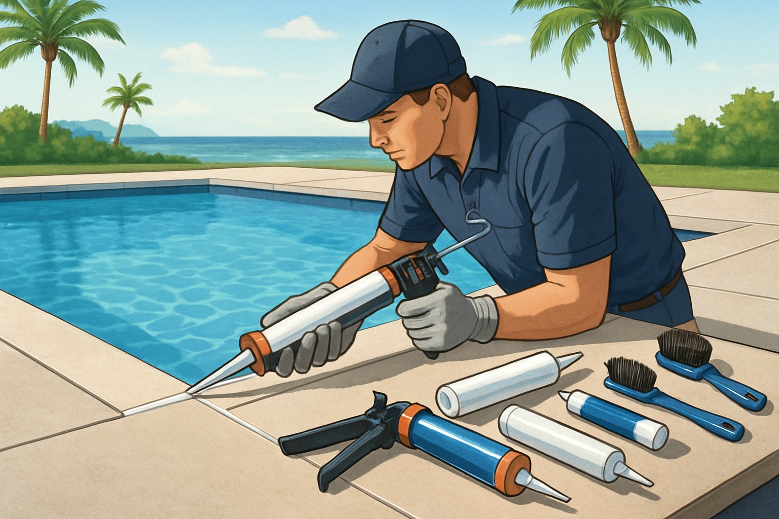 A worker applying caulk along the edge of an outdoor inground swimming pool with tools nearby and a coastal background.