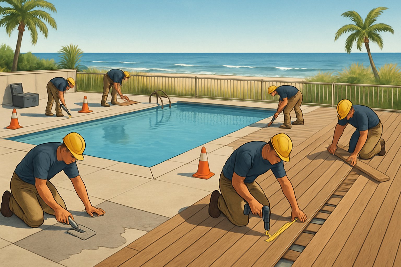 Outdoor pool area at Virginia Beach with workers repairing the pool deck near the ocean and palm trees.