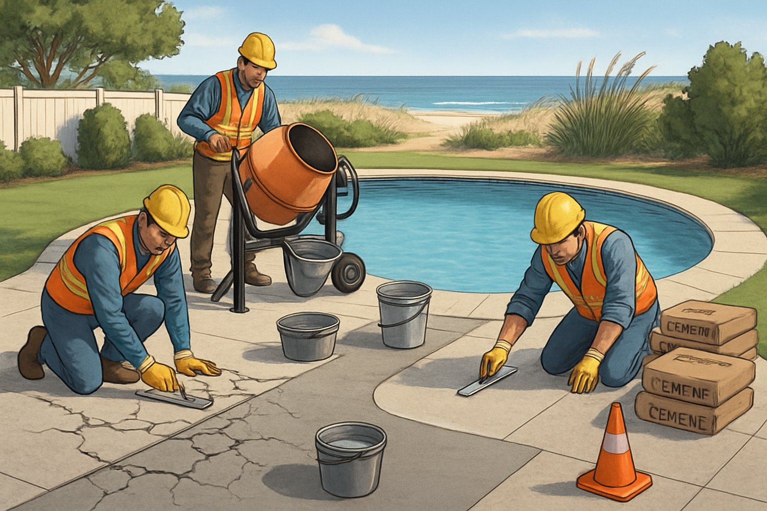 A backyard swimming pool with workers repairing and resurfacing the surrounding pool deck near the coast.