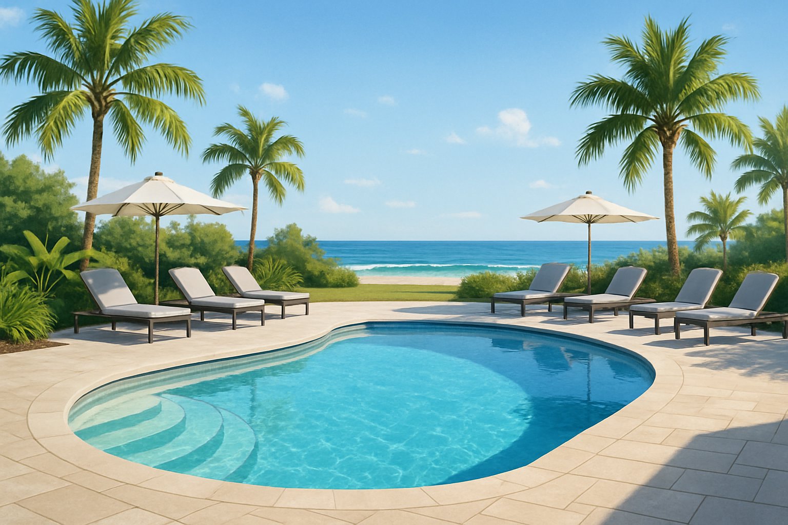 Outdoor swimming pool with stone deck, lounge chairs, palm trees, and a distant ocean view.