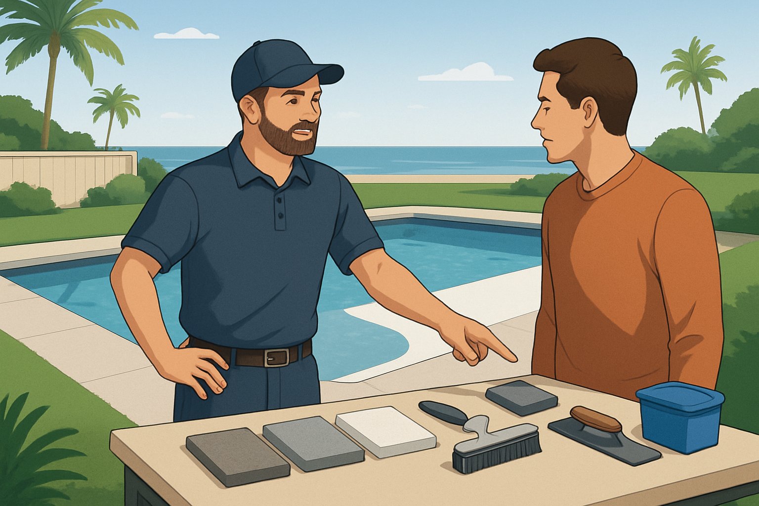 Virginia Beach Pool Resurfacing/Replastering 3 A contractor and homeowner discussing pool resurfacing materials next to a freshly replastered swimming pool in a backyard with palm trees and ocean in the background.