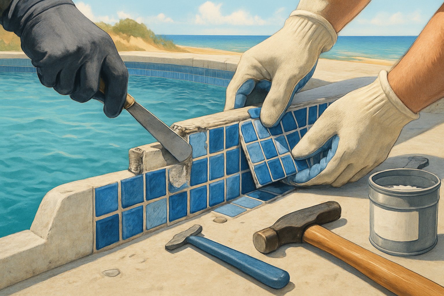 Close-up of a swimming pool edge where workers replace waterline tiles with tools nearby and a beach scene in the background.