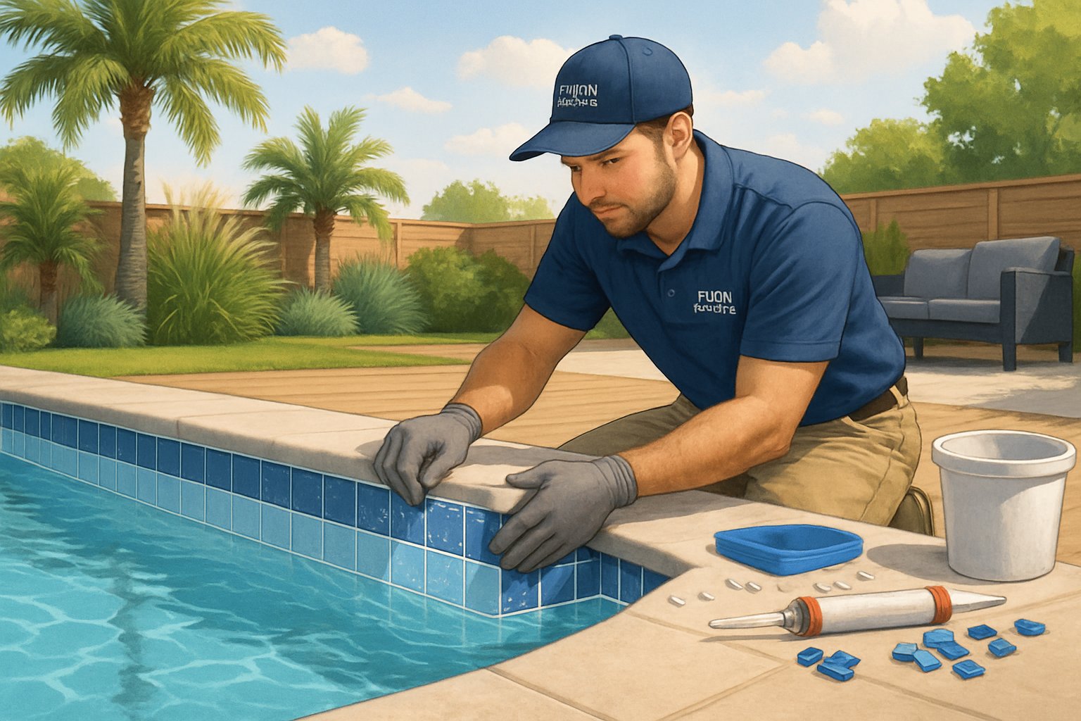 A pool technician installing new waterline tiles on a backyard swimming pool surrounded by landscaping and outdoor furniture.