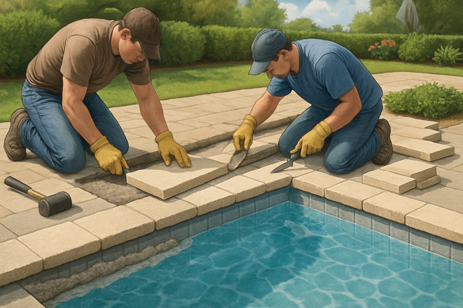 A swimming pool with workers replacing the coping stones around its edge, surrounded by grass and plants under a sunny sky.