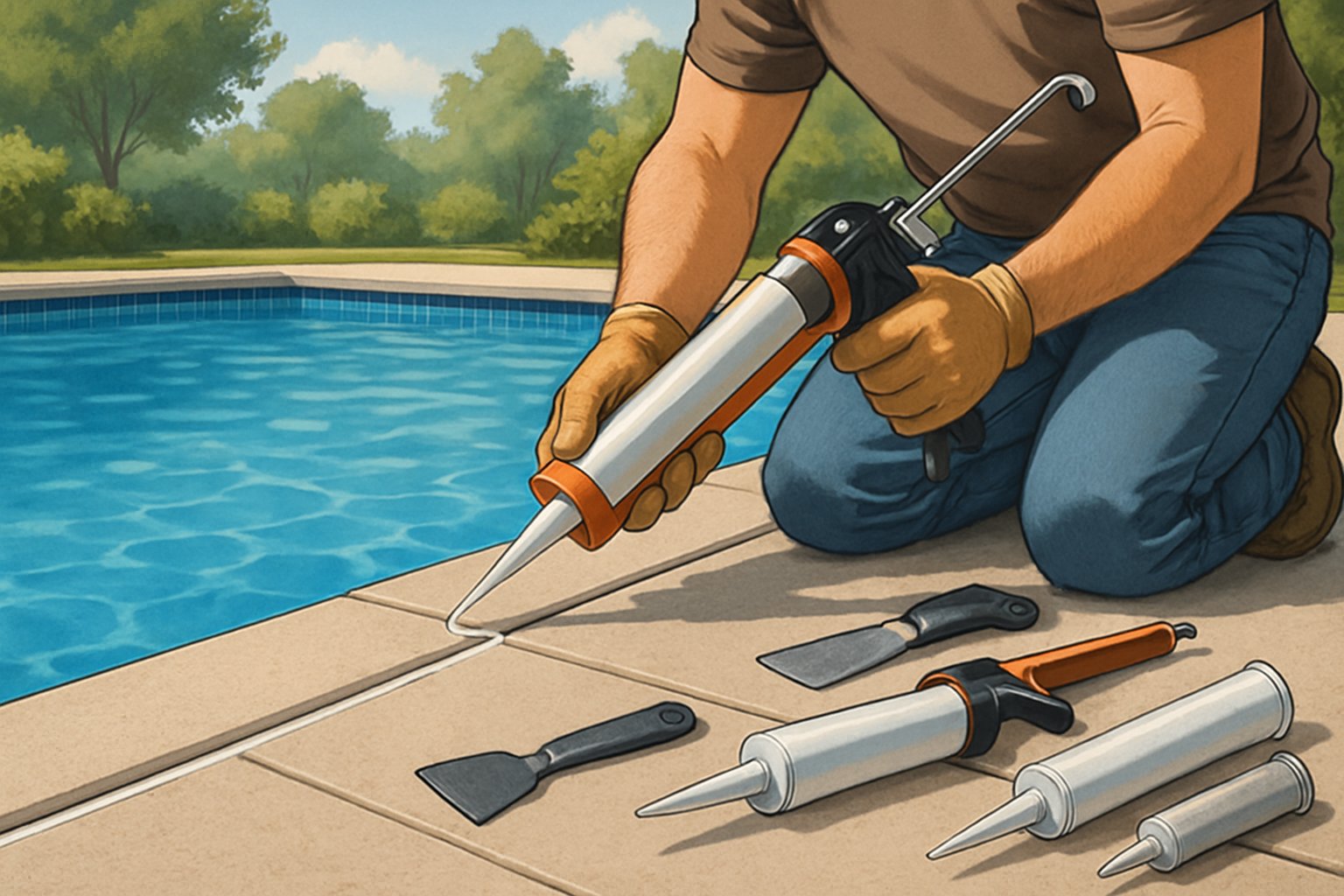 A worker applying caulking to the edge of an inground swimming pool with tools nearby and clear blue water in the background.